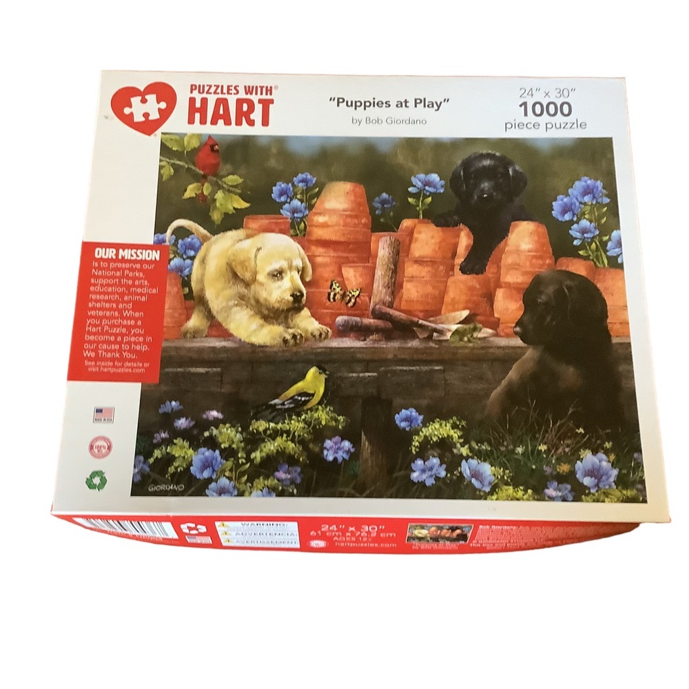 Puzzles with Hart Puppies at Play 1000 Pc 24” x 30” Bob Giordano Complete